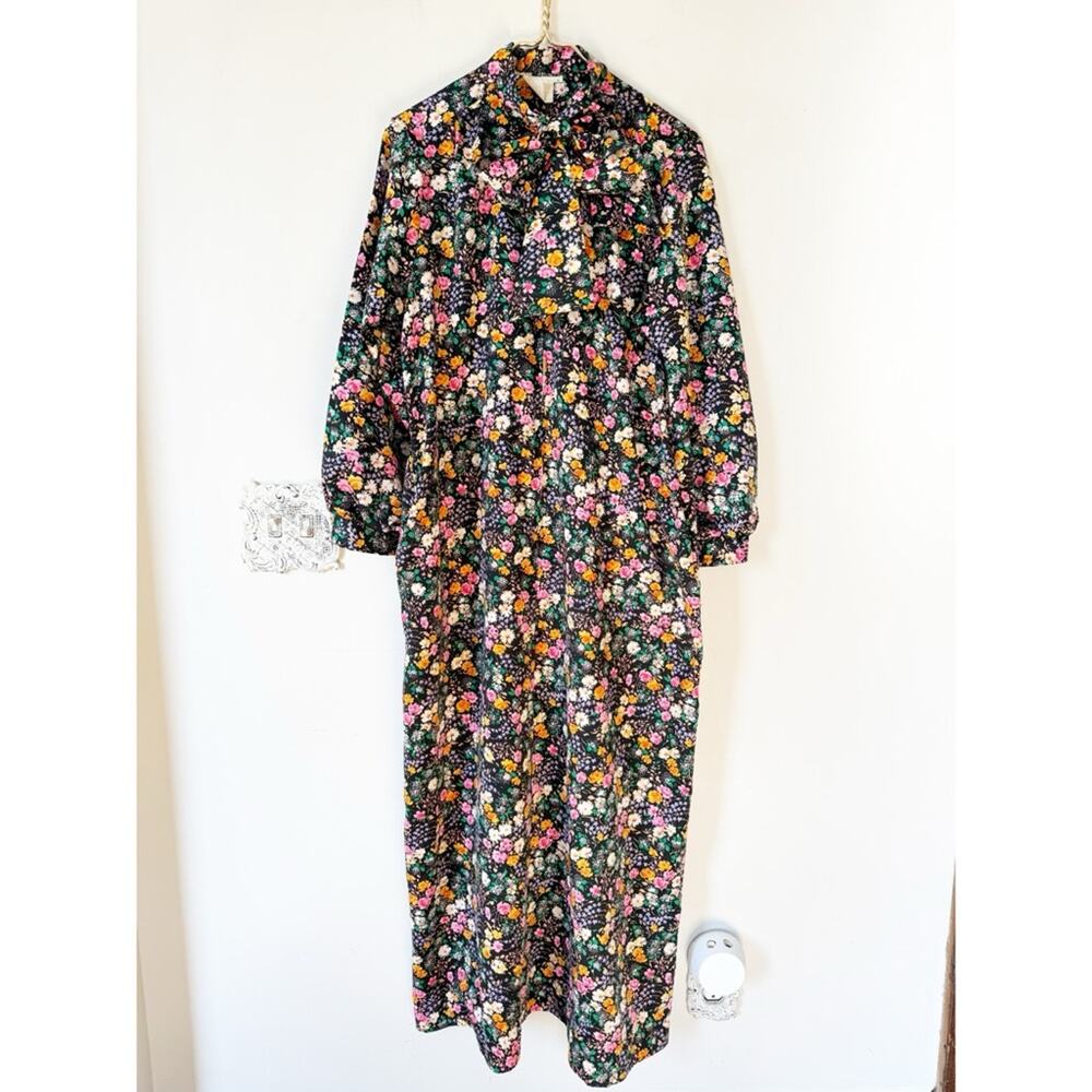 Vintage 70s Atkins Black Floral House coat Dress Muumuu Maxi Dress Pockets M